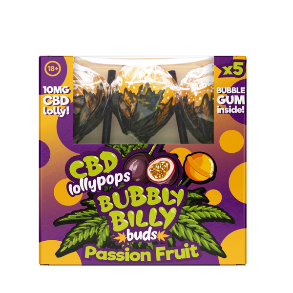 Bubbly Billy Buds passiógyümölcs ízű nyalóka, rágógumival ajándékdobozban (5x10mg CBD)
